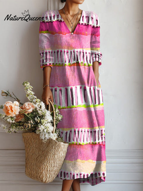 Women's Pink Horizontal Stripes Print Linen Pocket Tunic Dress