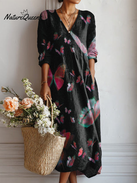 Women's Black Butterfly Print Linen Pocket Tunic Dress