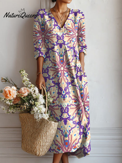 Women's Symmetrical Diamond Totem Print Linen Pocket Tunic Dress