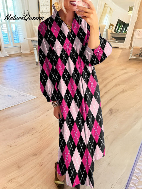 Women's Mixed Color Diamond Check Art Print Dress