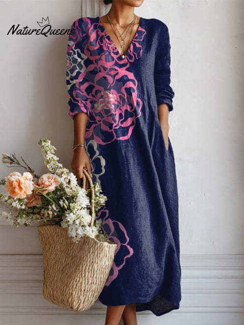 Women's Line Rose Combination Print Linen Pocket Dress