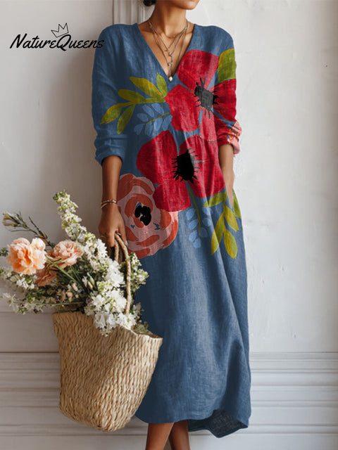 Women's Paint Flowers And Plants Print Linen Pocket Dress