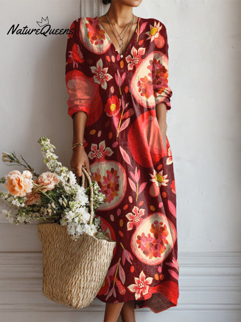 Women's Guava And Flower Print Linen Pocket Dress