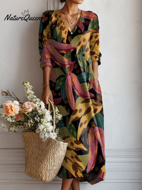 Women's Colorful Banana Print Linen Pocket Dress