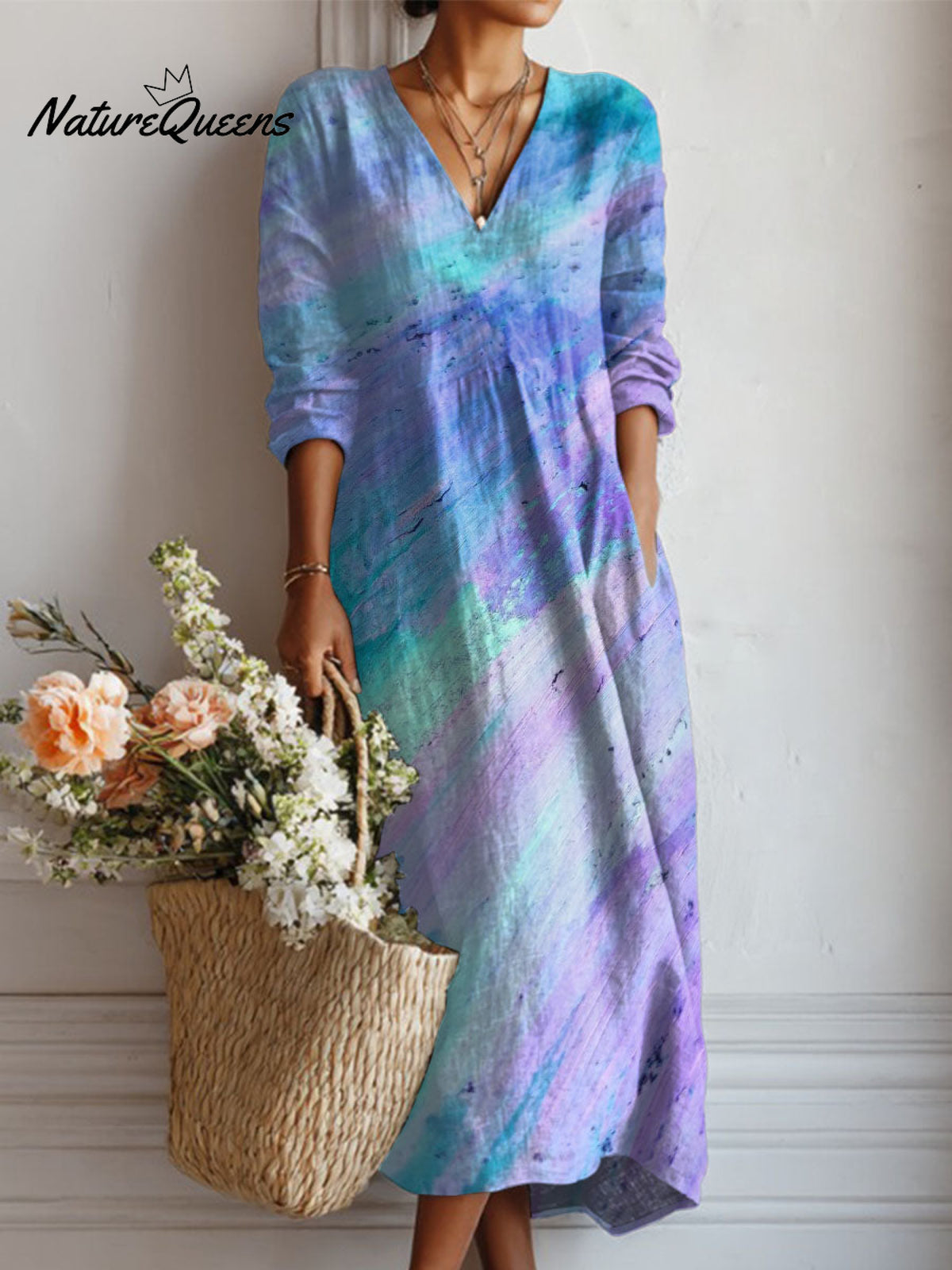 Women's Brush Gradient Print Linen Pocket Dress