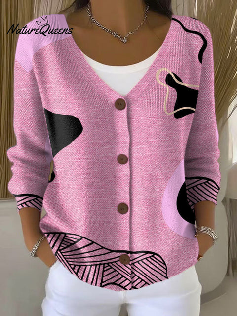 Pink Irregular Striped Print Buttoned V-neck Cardigan Sweater