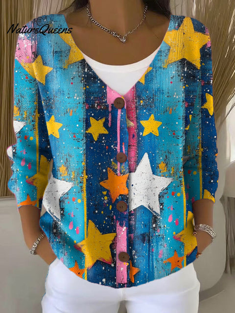 Colorful Stars And Vertical Stripes Print Buttoned V-neck Cardigan Sweater
