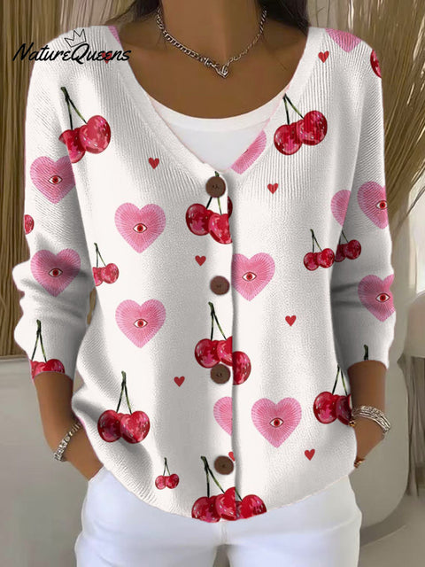Cherry And Heart Print Buttoned V-neck Cardigan Sweater