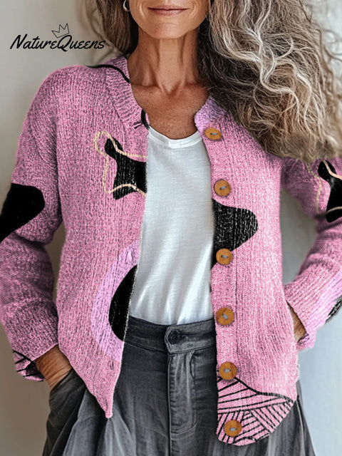Pink Irregular Print Buttoned Cardigan Sweater