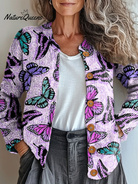 Colorful Butterfly Print Buttoned Cardigan Sweater
