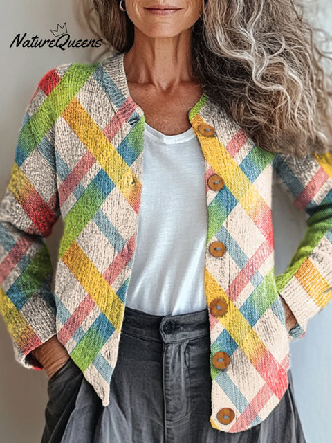 Colored Line Plaid Print Buttoned Cardigan Sweater