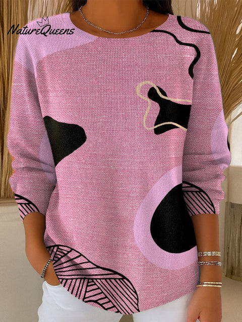 Women's Pink Line Irregular Pattern Casual Pullover Sweater