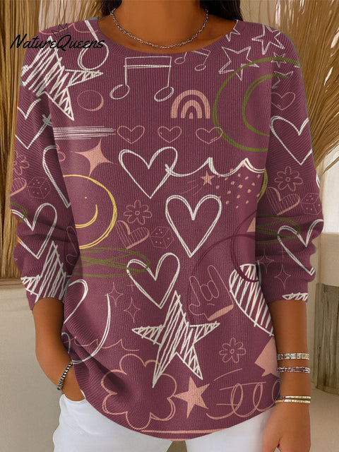 Women's Irregular Lines Love Smiley Face Pattern Casual Pullover Sweater