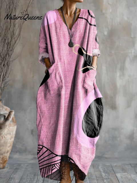 Women's Pink Irregular Art Pattern Print Pocket V-neck Cotton Dress