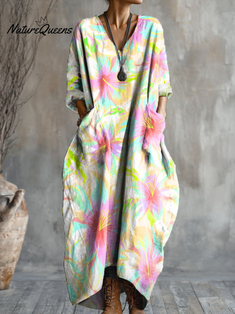 Women's Colorful Flowers Art Pattern Print Pocket V-neck Cotton Dress