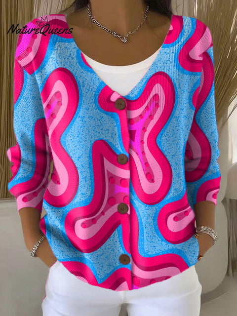 Irregular Wavy Lines And Dots Print Buttoned V-neck Cardigan Sweater