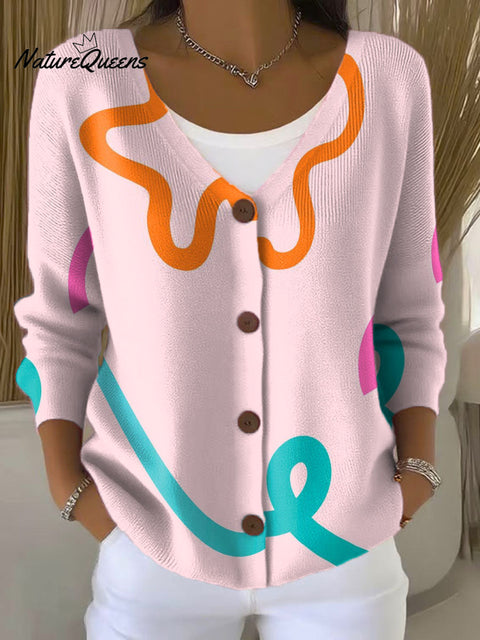 Multi-Colored Irregular Lines Print Buttoned V-neck Cardigan Sweater