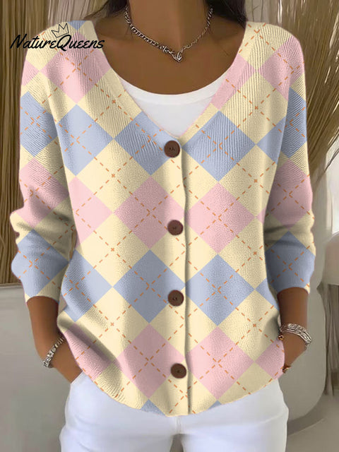 Color Dotted Checkered Pattern Print Buttoned V-neck Cardigan Sweater