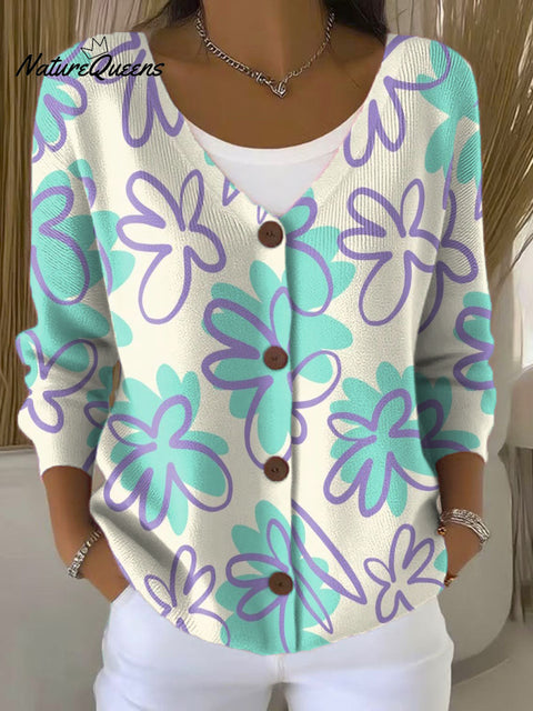 Line Florets Print Buttoned V-neck Cardigan Sweater