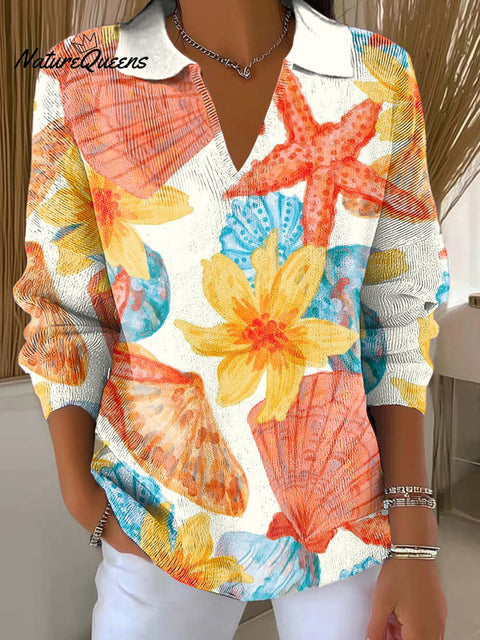 Women's Starfish Flower Shell Printed Casual Sweater