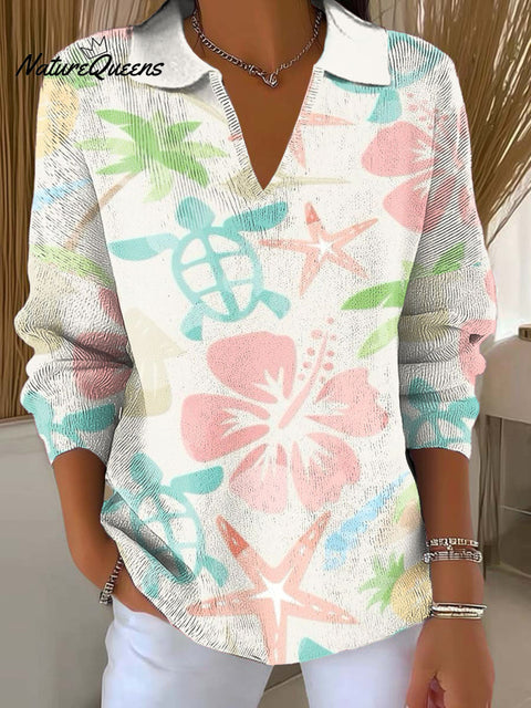 Women's Turtle Flower Starfish Printed Casual Sweater