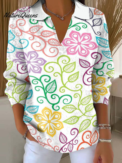 Women's Colorful Hollow Flowers And Plants Printed Casual Sweater