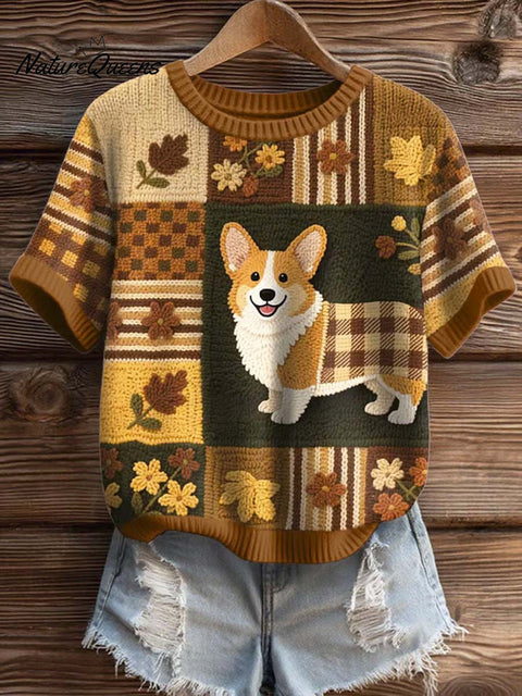 Women's Smiley Puppy Print Casual Crew Neck Short Sleeve Knitted Sweater