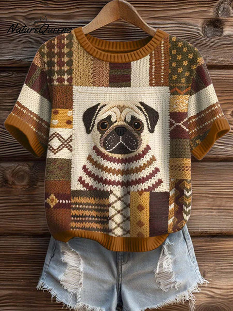 Women's Melancholy Puppy Print Casual Crew Neck Short Sleeve Knitted Sweater