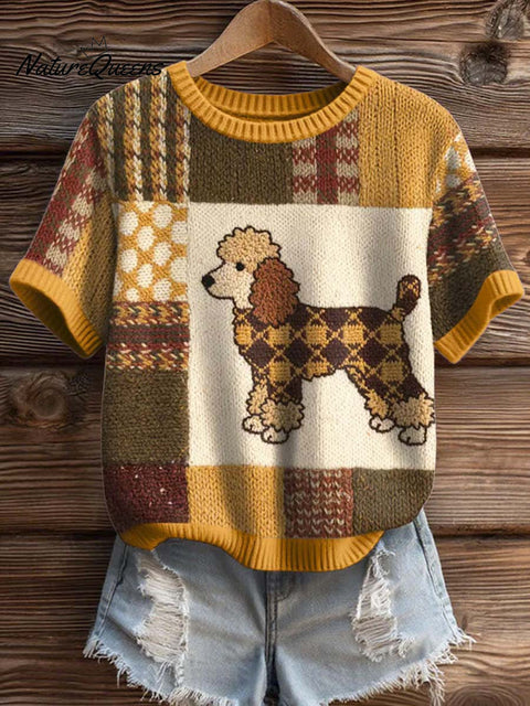 Women's Curly Puppy Print Casual Crew Neck Short Sleeve Knitted Sweater