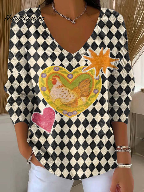 Women's Plaid Chicken Print Casual Pullover Sweater