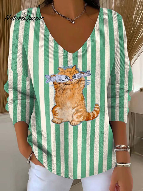Women's Striped Kitten And Fish Print Casual Pullover Sweater