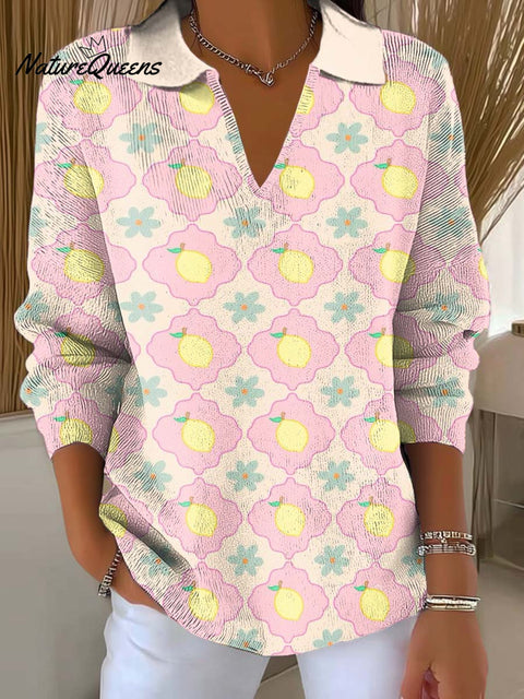 Women's Lemon And Flower Plaid Printed Casual Sweater