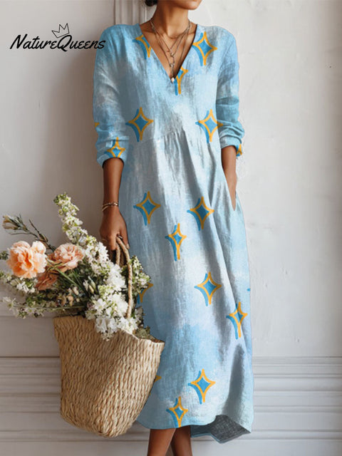 Women's Blue Star Print Linen Pocket Dress