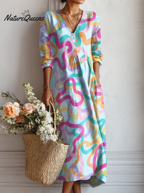 Women's Colorful Noodle Lines Print Linen Pocket Dress