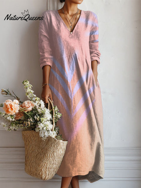 Women's Gradient Leaf Shadows Print Linen Pocket Dress
