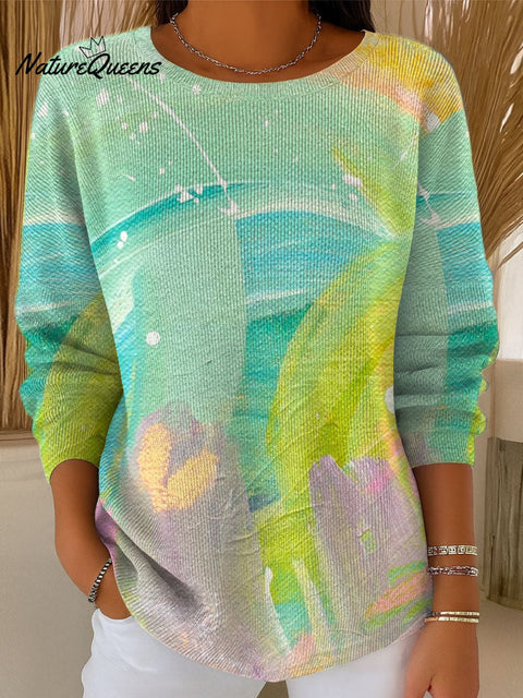 Women's Oil Painting Style Colorful Pattern Casual Pullover Sweater