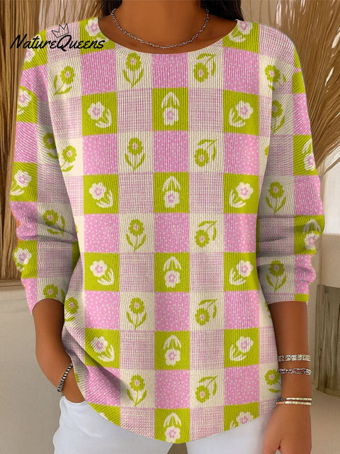 Women's Plaid Polka Dot Flowers Pattern Casual Pullover Sweater