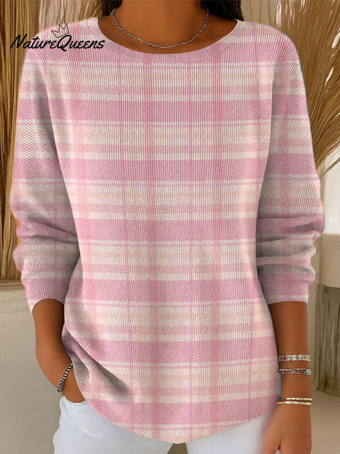 Women's Pink Striped Plaid Pattern Casual Pullover Sweater