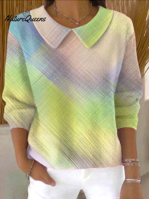 Women's Colorful Diagonal Checkered Print Casual Peter Pan Collar 3/4 Sleeve Sweater