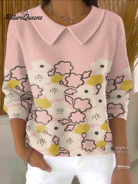 Women's Simple Strokes Of Flowers Print Casual Peter Pan Collar 3/4 Sleeve Sweater