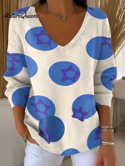 Women's Blueberry Print Casual Pullover Sweater