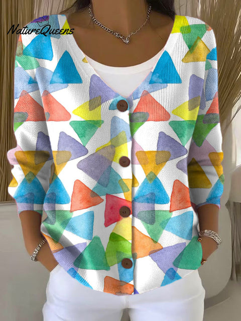 Colored Triangles Print Buttoned V-neck Cardigan Sweater