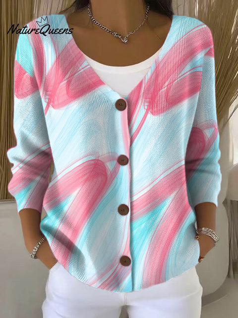 Overlapping Lines Color Print Buttoned V-neck Cardigan Sweater