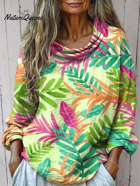 Women's Tropical Leaves Print Casual Long Sleeve Comfortable Cotton Shirt