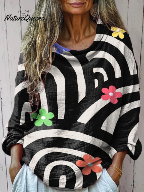 Women's Small Flowers And Ripples Print Casual Long Sleeve Comfortable Cotton Shirt