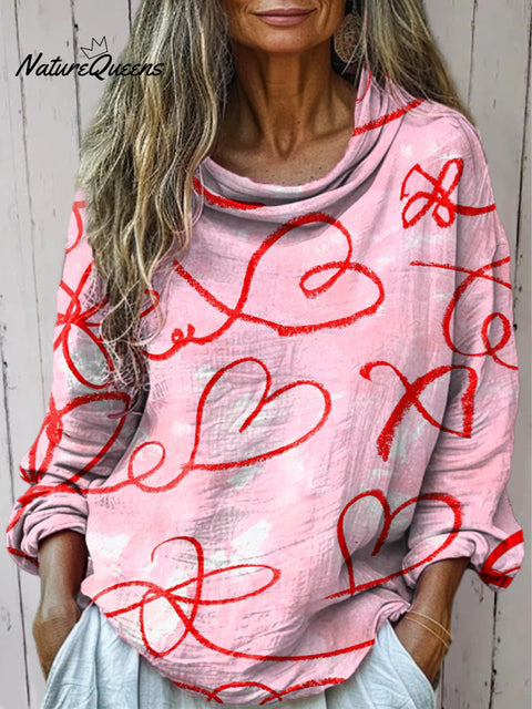 Women's Pink Love Lines Print Casual Long Sleeve Comfortable Cotton Shirt