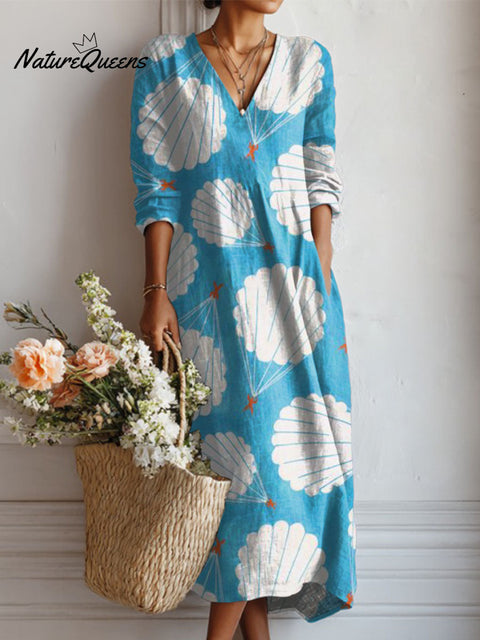 Women's Hot Air Balloon Print Linen Pocket Dress