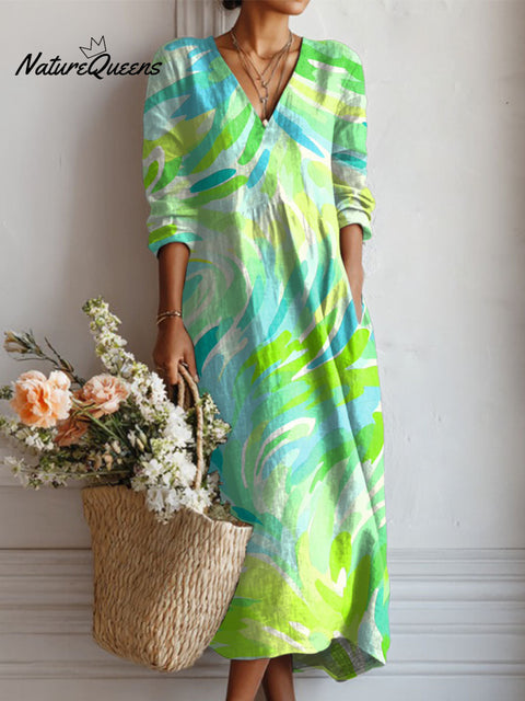 Women's Color Splicing Print Linen Pocket Dress