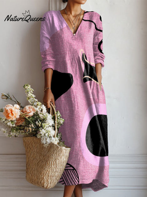 Women's Random Pink Blocks Print Linen Pocket Dress
