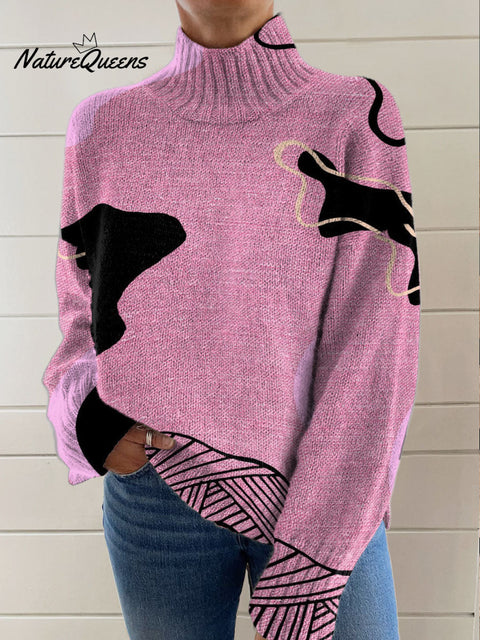Random Pink Blocks Print Knit Turtleneck Pullover Sweater